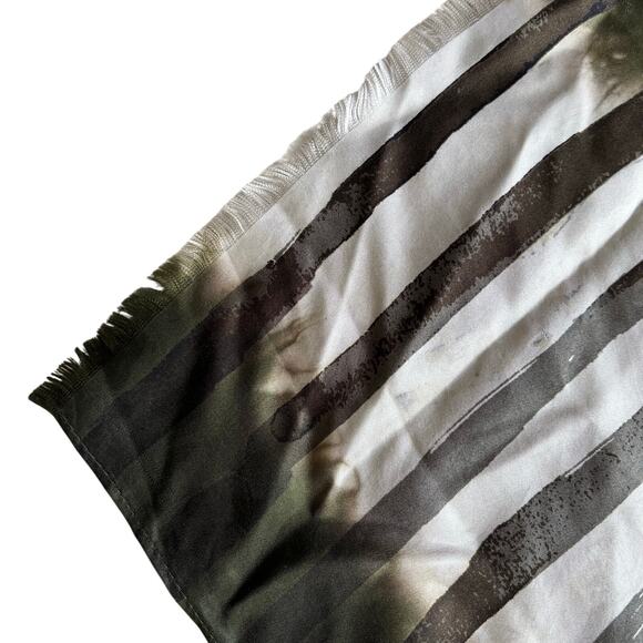 Chico’s silk scarf wrap shawl khaki green & white mod abstract stripes fringe - Picture 6 of 13
